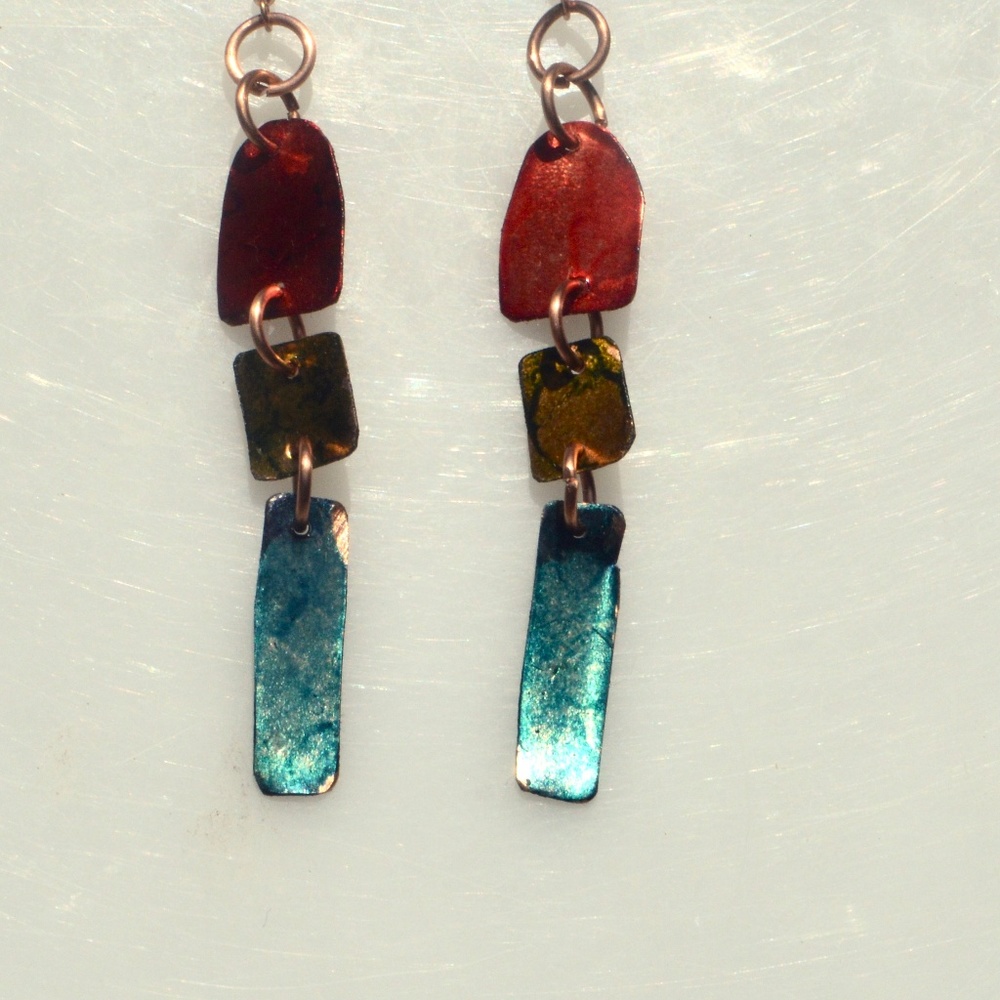 Primitive Brutalist Copper Earrings Boho Gift Chartreuse Festival Handmade - Picture 8 of 10